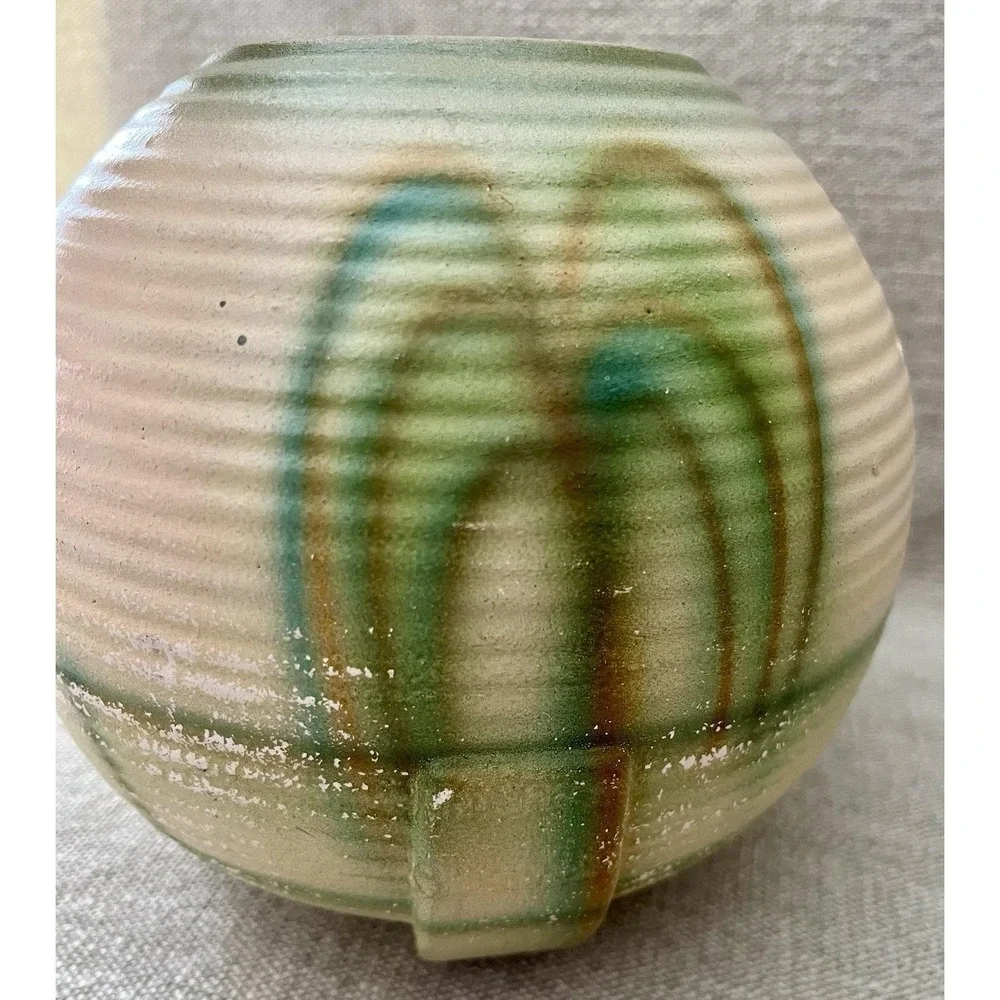 Antique German Art Pottery Ribbed Beehive Vase Green Cream Glaze Made in Germany